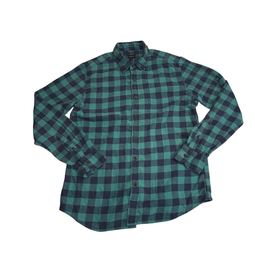 J. Crew Mens Flannel Button Up Shirt Teal Navy Blue‎ Buffalo Plaid Size Medium